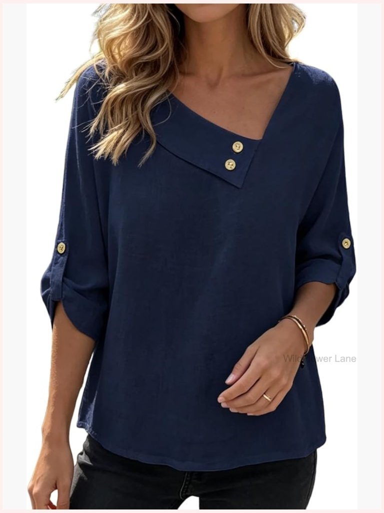 3/4 Roll Sleeve V-Neck Blouse Cotton Blend Casual Shirt